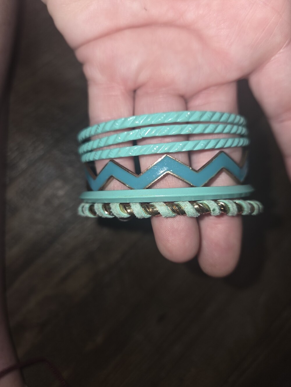 Set of 6 Teal Enamel And Gold Tone Bangle Bracelets